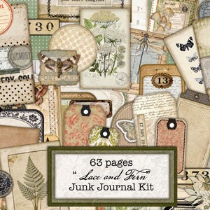 Pode incluir: Uma colagem de efêmeras vintage, incluindo etiquetas, postais e ilustrações botânicas. A paleta de cores é suave com tons de bege, creme e verde. O texto "63 pages Lace and Fern Junk Journal Kit" é visível. O tema é um scrapbook vintage.