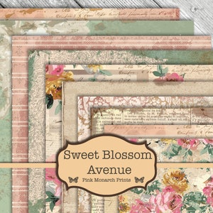 May include: A set of digital paper backgrounds featuring a vintage aesthetic with floral patterns, stripes, and handwritten text. The papers are in shades of pink, green, and beige. The text "Sweet Blossom Avenue" and "Pink Monarch Prints" is included in the image.