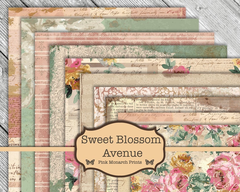 May include: A set of digital paper backgrounds featuring a vintage aesthetic with floral patterns, stripes, and handwritten text. The papers are in shades of pink, green, and beige. The text "Sweet Blossom Avenue" and "Pink Monarch Prints" is included in the image.