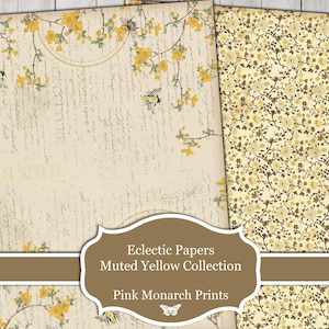 May include: Digital paper pack with two designs featuring muted yellow floral patterns. The text "Eclectic Papers Muted Yellow Collection Pink Monarch Prints" is displayed on a brown banner.