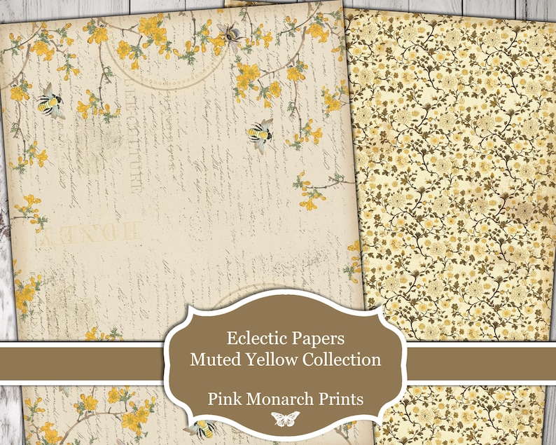 May include: Digital paper pack with two designs featuring muted yellow floral patterns. The text "Eclectic Papers Muted Yellow Collection Pink Monarch Prints" is displayed on a brown banner.