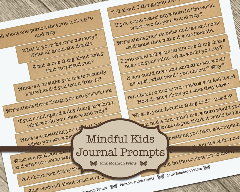 May include: A printable set of 15 mindful kids journal prompts on a brown background with a butterfly design. The prompts are written in a brown font and are designed to help children reflect on their thoughts and feelings.