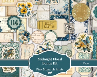 Midnight Floral Bonus Kit, Digital Kit, Printable, Fussy Cuts, Ephemera, Envelopes, Pockets, Circles, Journal Cards, Junk Journal Supplies