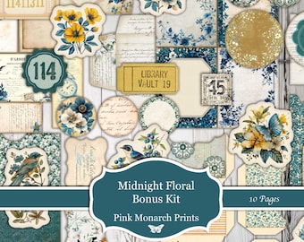 Midnight Floral Bonus Kit, Digital Kit, Printable, Fussy Cuts, Ephemera, Envelopes, Pockets, Circles, Journal Cards, Junk Journal Supplies