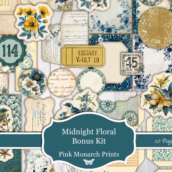 Kit bonus floral minuit, Kit numérique, Imprimable, Modèles originaux, Éphémères, Enveloppes, Pochettes, Ronds, Cartes de visite, Fournitures pour journaux indésirables