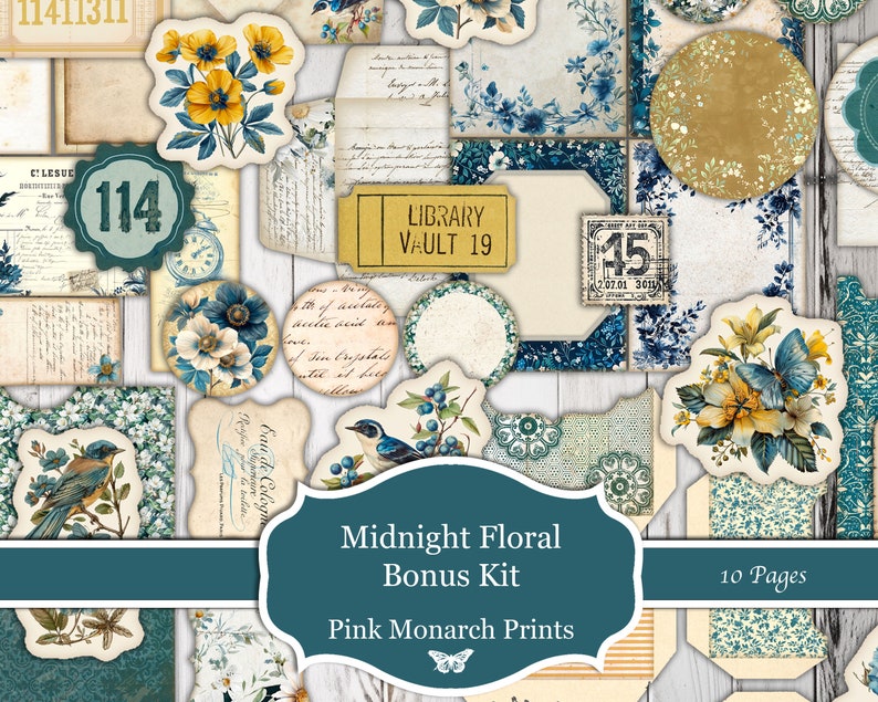 Midnight Floral Bonus Kit, Digital Kit, Printable, Fussy Cuts, Ephemera, Envelopes, Pockets, Circles, Journal Cards, Junk Journal Supplies image 1