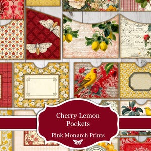 May include: A collection of decorative paper pockets with vintage floral, butterfly, and bird designs. The pockets feature various patterns, including red damask, yellow floral, and lemon illustrations. Text on a burgundy banner reads "Cherry Lemon Pockets" and "Pink Monarch Prints."