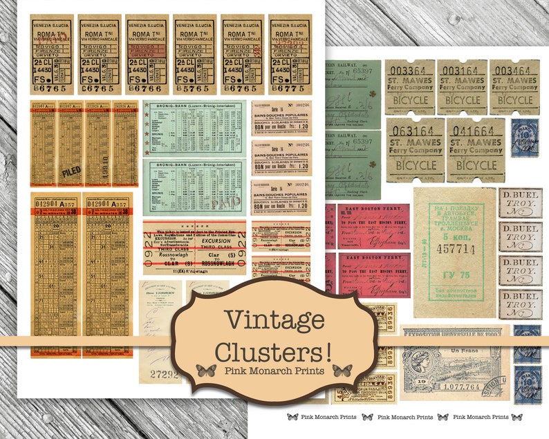 Puede incluir: Paquete de papel digital vintage con tem&aacute;tica de viajes y transporte con im&aacute;genes de billetes, sellos y etiquetas. El paquete de papel incluye una variedad de colores y dise&ntilde;os, incluyendo rojo, azul, verde y marr&oacute;n. El paquete de papel es perfecto para scrapbooking, creaci&oacute;n de tarjetas y otras manualidades de papel.