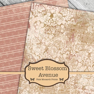 May include: Two digital paper designs, one with a pink and white striped pattern and the other with a white floral pattern on a beige background. The text "Sweet Blossom Avenue" and "Pink Monarch Prints" is on a beige label with a butterfly graphic.