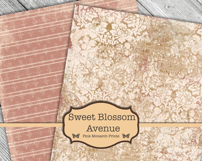 May include: Two digital paper designs, one with a pink and white striped pattern and the other with a white floral pattern on a beige background. The text "Sweet Blossom Avenue" and "Pink Monarch Prints" is on a beige label with a butterfly graphic.