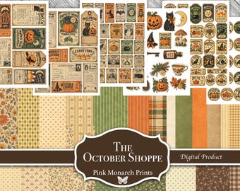 The October Shoppe, Printable Kit, 28 Pages, Papers and Ephemera, Autumn Junk Journal, Halloween (Digital Download)