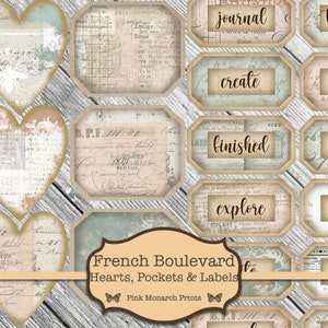 Junk Journal Printable, Junk Journaling Kit, Printable Ephemera, Junk Journaling Embellishments, Junk Journaling Words, Labels, Hearts, Tags