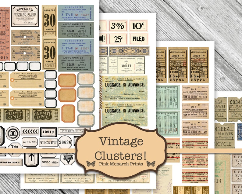 Puede incluir: Una hoja de collage digital con boletos, etiquetas y etiquetas de estilo vintage. La hoja incluye varios dise&ntilde;os con texto como "Autom&oacute;vil", "Equipaje por adelantado", "3%", "10%", "25%", "Archivado", "Violeta", "Admitir", "Viaje", "Muestra", "Boleto de prensa", "Roma", "Venecia", "Compa&ntilde;&iacute;a de ferry Lawes", "St. Mawes", "Bicicleta", "00346", "164", "41664", "D.B.T", "TR", "N", "14", "29636", "19910", "30", "0000 para", "Centavos", "V&aacute;lido para un solo viaje", "Banko Douro Popular", "Excursi&oacute;n", "Gratis", "Impresiones de monarca rosa", "&iexcl;Clusters vintage!" La hoja est&aacute; dise&ntilde;ada para scrapbooking, creaci&oacute;n de tarjetas y otras manualidades de papel.