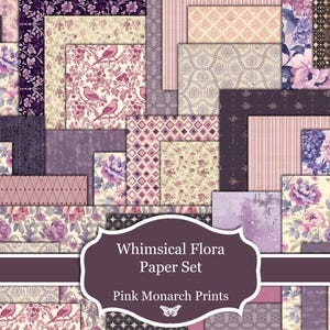 Set de 20 papeles con motivos florales caprichosos, papeles imprimibles, diario digital, diario morado, diario rosa, suministros para diarios, floral