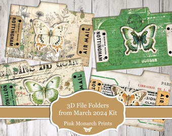 3D File Folders, Mini Project from March subscription, Green, Pockets, File Folder, Junk Journal, Digital Junk Journal, Junk Journal Project