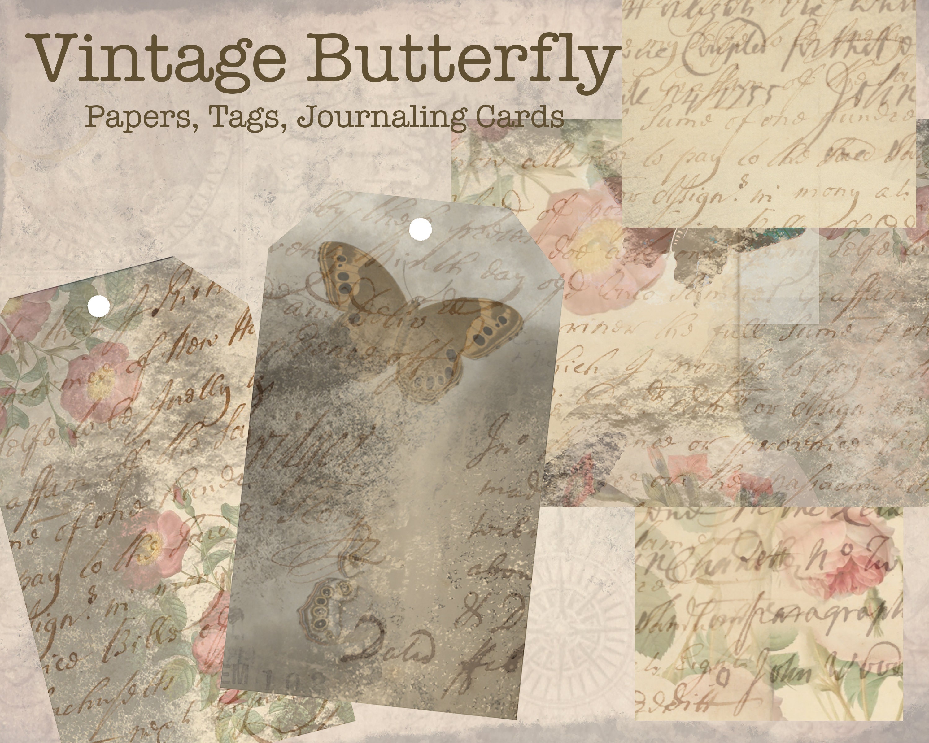 Digital Vintage Butterfly, Butterfly Junk Journaling Set, Digital Botanical Prints, Collage Papers, Digital Junk Journaling Set Scrapbooking