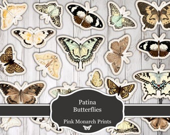 Patina Butterflies, Fussy Cuts, Printable, Digital Download, Junk Journal Kit
