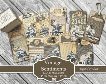 Vintage Sentiments, 10 DIY Digital Cards or Ephemera, DIY Paper Craft, Junk Journal, Gold Project March 2026