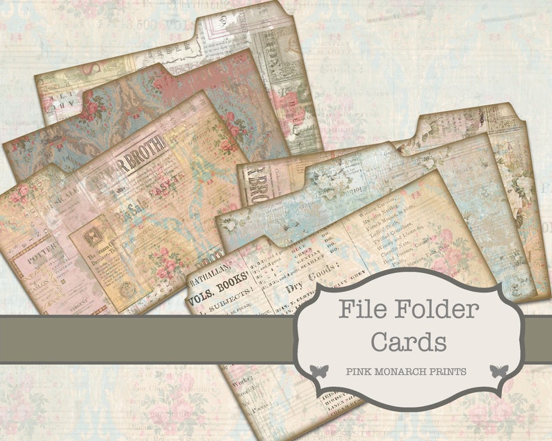 Op de afbeelding: Een set vintage-stijl mapkaarten met verschillende patronen en tekst, waaronder "Dry Goods", "VOLS. BOOKS" en "AAR BROTH". De kaarten zijn gelabeld met "File Folder Cards" en "PINK MONARCH PRINTS".