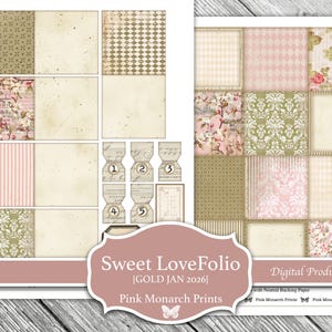 Puede incluir: Un producto digital con un collage de papeles estampados en rosa, beige y verde. Los dise&ntilde;os incluyen patrones florales, a rayas y geom&eacute;tricos. Incluye etiquetas numeradas del 1 al 5 y el texto "Sweet LoveFolio [GOLD JAN 2026] Pink Monarch Prints".