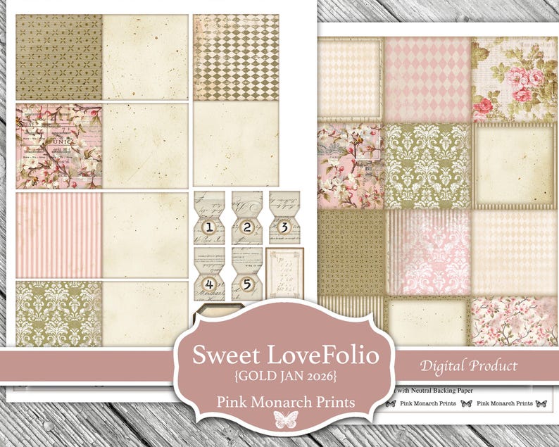 Puede incluir: Un producto digital con un collage de papeles estampados en rosa, beige y verde. Los dise&ntilde;os incluyen patrones florales, a rayas y geom&eacute;tricos. Incluye etiquetas numeradas del 1 al 5 y el texto "Sweet LoveFolio [GOLD JAN 2026] Pink Monarch Prints".