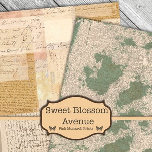 May include: A digital collage sheet with a vintage aesthetic. The sheet features a green and beige floral pattern, handwritten text, and the words "Sweet Blossom Avenue" and "Pink Monarch Prints".