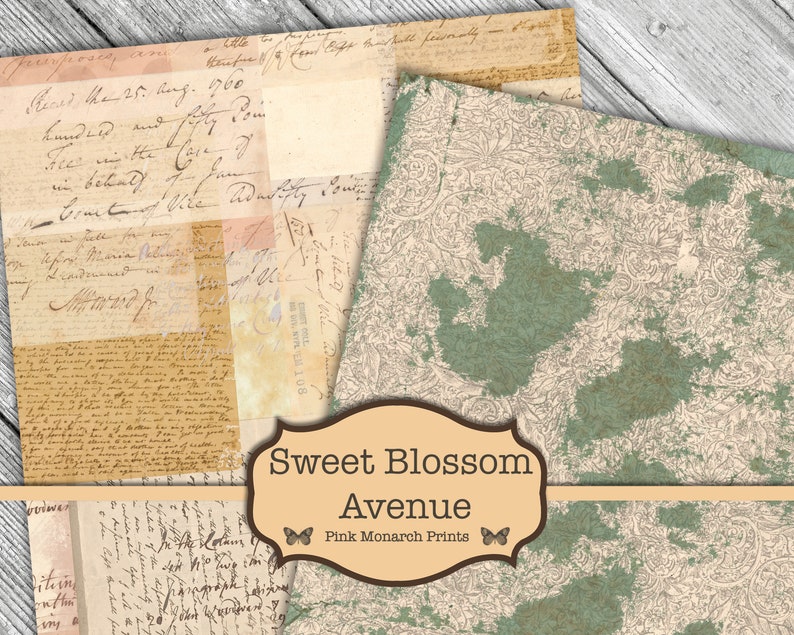 May include: A digital collage sheet with a vintage aesthetic. The sheet features a green and beige floral pattern, handwritten text, and the words "Sweet Blossom Avenue" and "Pink Monarch Prints".