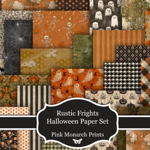 May include: A collection of patterned paper sheets with a Halloween theme. Designs include ghosts, skeletons, pumpkins, bats, and spiderwebs in orange, black, white, and green. The text "Rustic Frights Halloween Paper Set" is displayed on a black label.