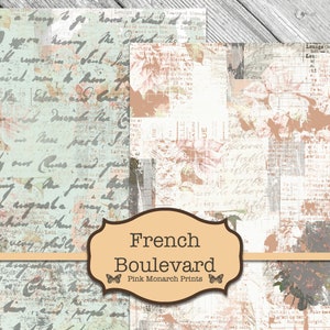May include: A digital collage of vintage-style papers with a faded floral pattern and handwritten text. The text includes the words "French Boulevard" and "Pink Monarch Prints".