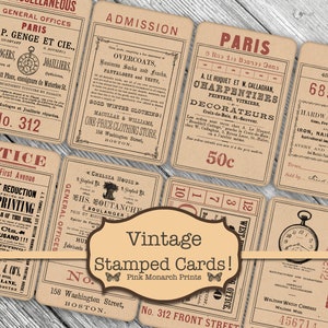 May include: Vintage collection of brown paper cards with red and black text. The cards feature various advertisements from the late 1800s and early 1900s. Some of the advertisements include: "General Offices", "Paris", "Admission", "Notice", "Central", "Job Printing", "Chelsea House", "GHS. Soutanche Boulanger", "Paris", "Charpentiers", "Decorateurs", "Serial Number 292", "Waltham Watch Company", "No. 312 Front Street".