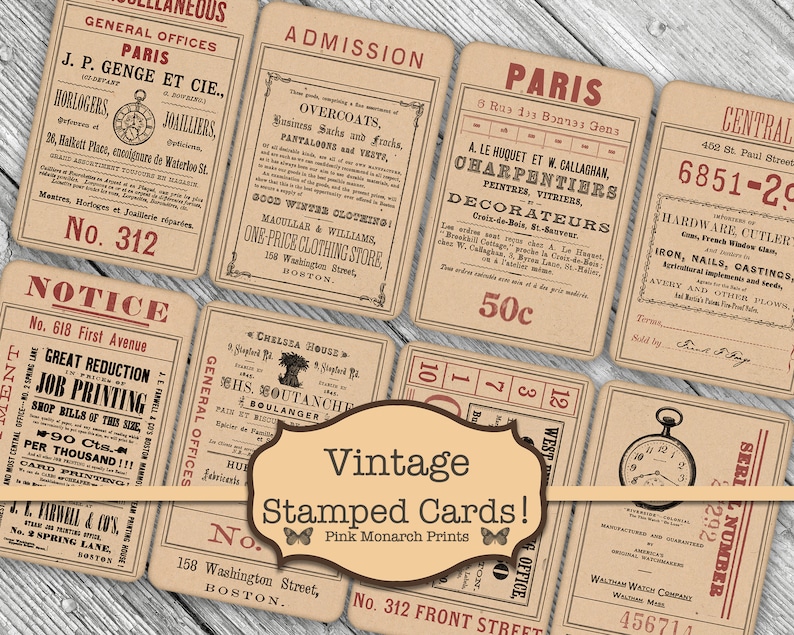 May include: Vintage collection of brown paper cards with red and black text. The cards feature various advertisements from the late 1800s and early 1900s. Some of the advertisements include: "General Offices", "Paris", "Admission", "Notice", "Central", "Job Printing", "Chelsea House", "GHS. Soutanche Boulanger", "Paris", "Charpentiers", "Decorateurs", "Serial Number 292", "Waltham Watch Company", "No. 312 Front Street".