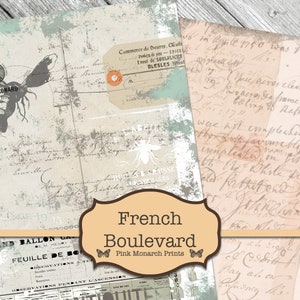 May include: A digital paper pack with a distressed, vintage aesthetic. The pack features a variety of textures and patterns, including faded text, floral designs, and a bee motif. The text "French Boulevard" is displayed in a decorative font with a butterfly graphic.