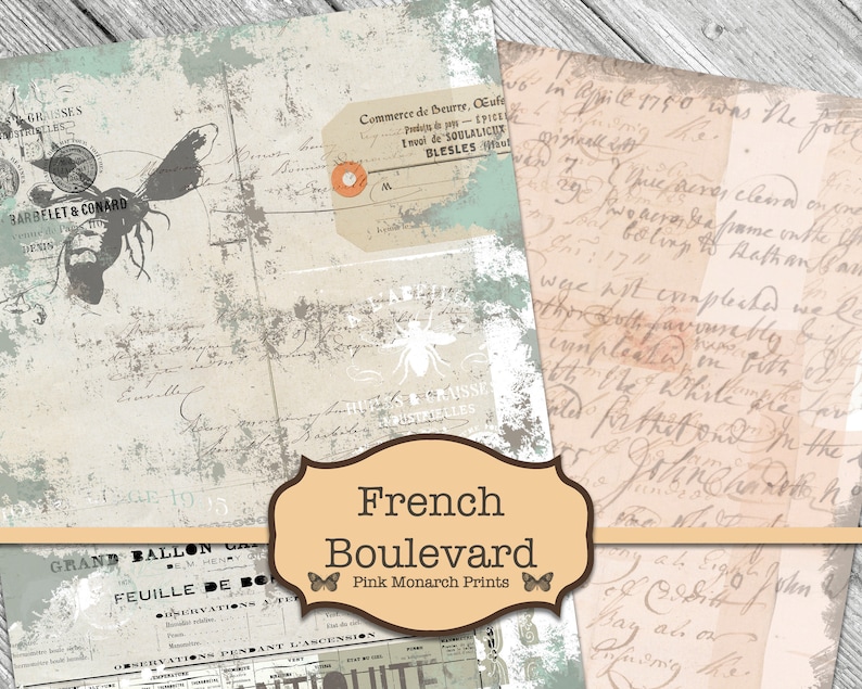 May include: A digital paper pack with a distressed, vintage aesthetic. The pack features a variety of textures and patterns, including faded text, floral designs, and a bee motif. The text "French Boulevard" is displayed in a decorative font with a butterfly graphic.