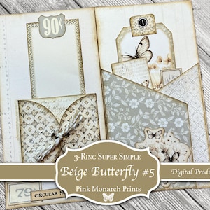 Neutral Butterflies #5: 3-Ring Super Simple, Folio, Junk Journal, Digital, Printable,  Supplies, Circle Pocket, Envelope, Flips, Tags, Easy!