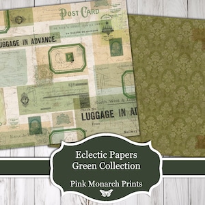 May include: A digital paper pack featuring a green damask pattern and vintage travel and luggage themed papers. The text "Eclectic Papers Green Collection Pink Monarch Prints" is at the bottom of the image.