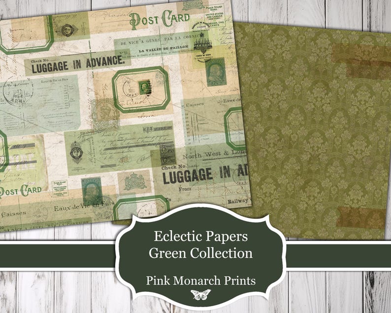 May include: A digital paper pack featuring a green damask pattern and vintage travel and luggage themed papers. The text "Eclectic Papers Green Collection Pink Monarch Prints" is at the bottom of the image.
