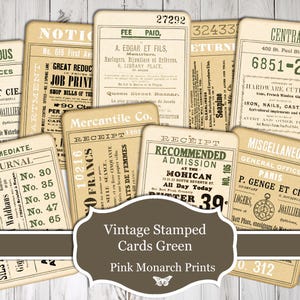 Cartes estampées vintage vertes, fournitures de journal indésirable, éphémères vintage, éphémères de journal indésirable, numérique, journal indésirable imprimable, étiquette vintage