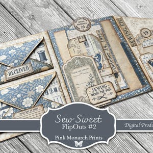May include: A paper craft project featuring vintage-style ephemera, blue floral patterned envelopes, and tags with text including "RECEIVED," "SEWING MENDS THE SOUL," "October 14, 1932," and "SEWING, ETC." The design incorporates butterfly illustrations.