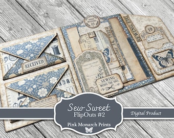 Sew Sweet FlipOuts #2, Junk Journaling Mini Folio, Page Idea, Kit, Pink Monarch Prints, Digital Kit