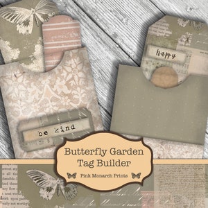 Puede incluir: Dos portatarjetas de papel decorativas con etiquetas en el interior. Un soporte tiene un patrón floral y las palabras "be kind" en una etiqueta. El otro tiene la palabra "happy". La imagen está etiquetada como "Butterfly Garden Tag Builder".