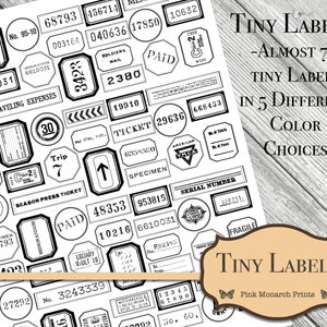 May include: Black and white printable labels with various designs and text, including "Paid", "Specimen", "Season Press Ticket", "Traveling Expenses", "American YMCA", "Serial Number", "Library Vault 19", "No. 3243339", and "Tiny Labels: -Almost 70 Tiny Labels in 5 Different Color Choices".