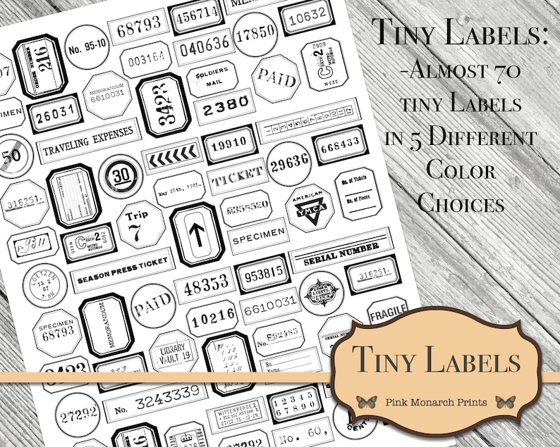 May include: Black and white printable labels with various designs and text, including "Paid", "Specimen", "Season Press Ticket", "Traveling Expenses", "American YMCA", "Serial Number", "Library Vault 19", "No. 3243339", and "Tiny Labels: -Almost 70 Tiny Labels in 5 Different Color Choices".