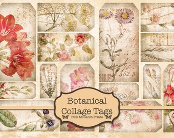 Botanical Collage Tags, Junk Journal Kit, Junk Journaling Digitals, Botanical Junk Journal,  Junk Journaling Tags, Wildflower Tags, Ephemera