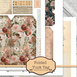 Whispering Florals gevouwen Tuck Tag, Junk Journal Kit, Digital Junk Journal, Junk Journaling Efemere, Floral Junk Journal, Junk Journal Tag