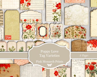 Poppy Tag Varieties, Printable, Digital, Junk Journal Tags, Flowers, Botanical, Printable Tags, Floral, Junk Journal, Poppy Love, Botanical