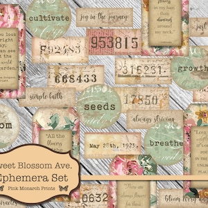Sweet Blossom Avenue Tags, Junk Journal Kit, Junk Journaling Digital Papers, Shabby Chic Numbers, Printable Papers, Junk Journal Digital