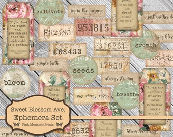Sweet Blossom Avenue Tags, Junk Journal Kit, Junk Journaling Digital Papers, Shabby Chic Numbers, Printable Papers, Junk Journal Digital