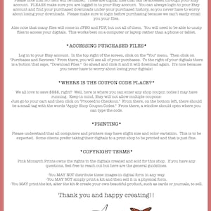 May include: A pink and white graphic with the text "Important Information" and "Before You Buy" in black text. The graphic includes information about purchasing digital files on Etsy, accessing purchased files, coupon codes, printing, and copyright terms. The graphic is signed "Anna" with a butterfly illustration.