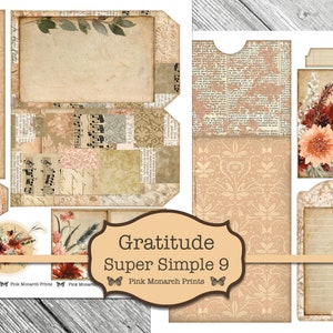 May include: A digital collage sheet with a vintage aesthetic featuring various patterns, textures, and images. The sheet includes a floral design, musical notes, and a patterned background. The text "Gratitude Super Simple 9" and "Pink Monarch Prints" is included on the sheet.