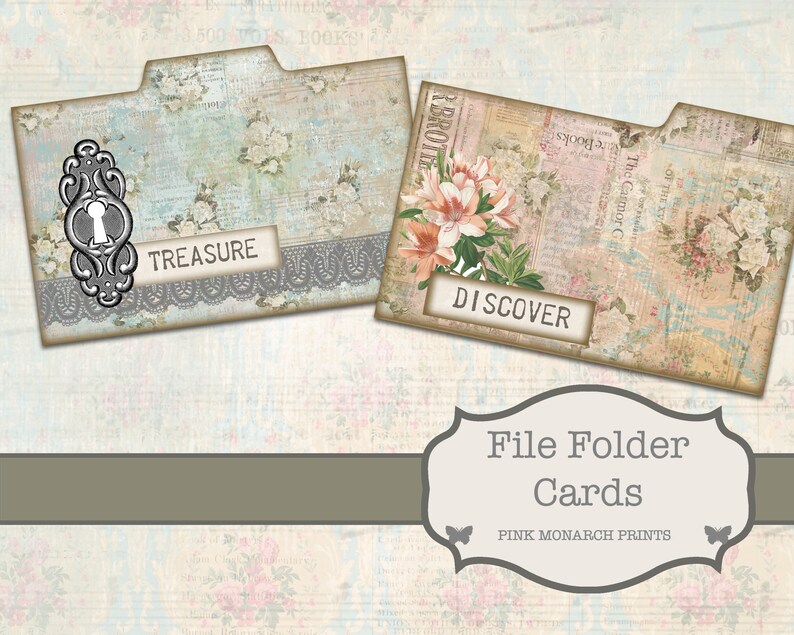Op de afbeelding: Twee vintage-stijl file folder kaarten met bloemmotieven. De eerste kaart heeft een sleutelgatontwerp en het woord "TREASURE" erop gedrukt. De tweede kaart heeft een bloemmotief en het woord "DISCOVER" erop gedrukt. De kaarten zijn gelabeld met "File Folder Cards" en "PINK MONARCH PRINTS".
